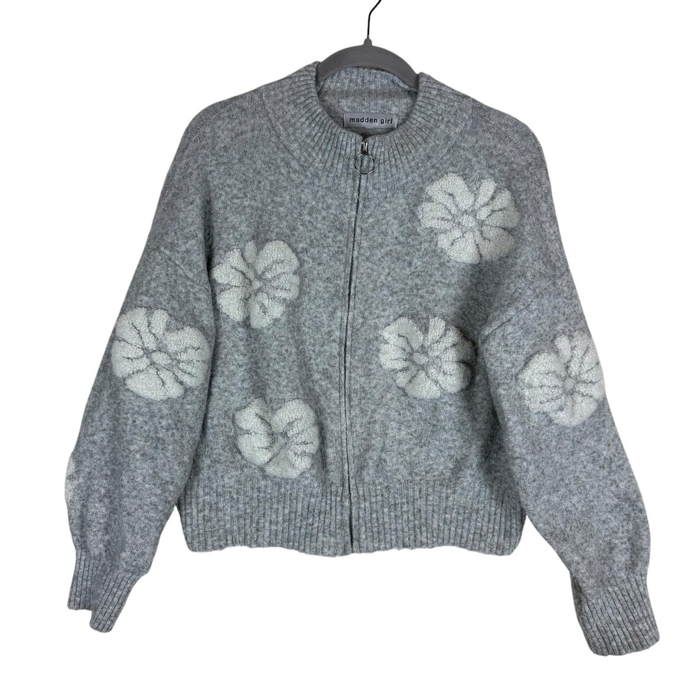 Madden Girl Sweater Womens L Gray Floral Full‎ Zip Chunky Knit Balloon Sleeve